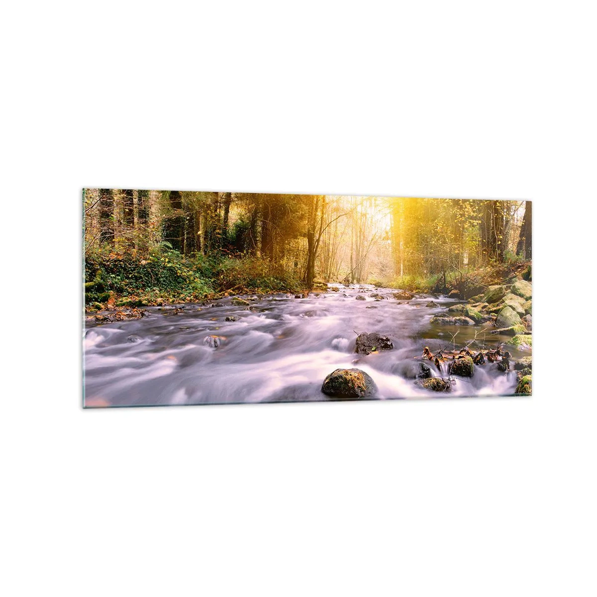 Quadro su vetro - Un ruscello nella foresta illuminato dai raggi del sole - 120x50cm - Malachite in cornice oro-argento - Decorazione murale moderna per soggiorno e camera da letto ARTTOR