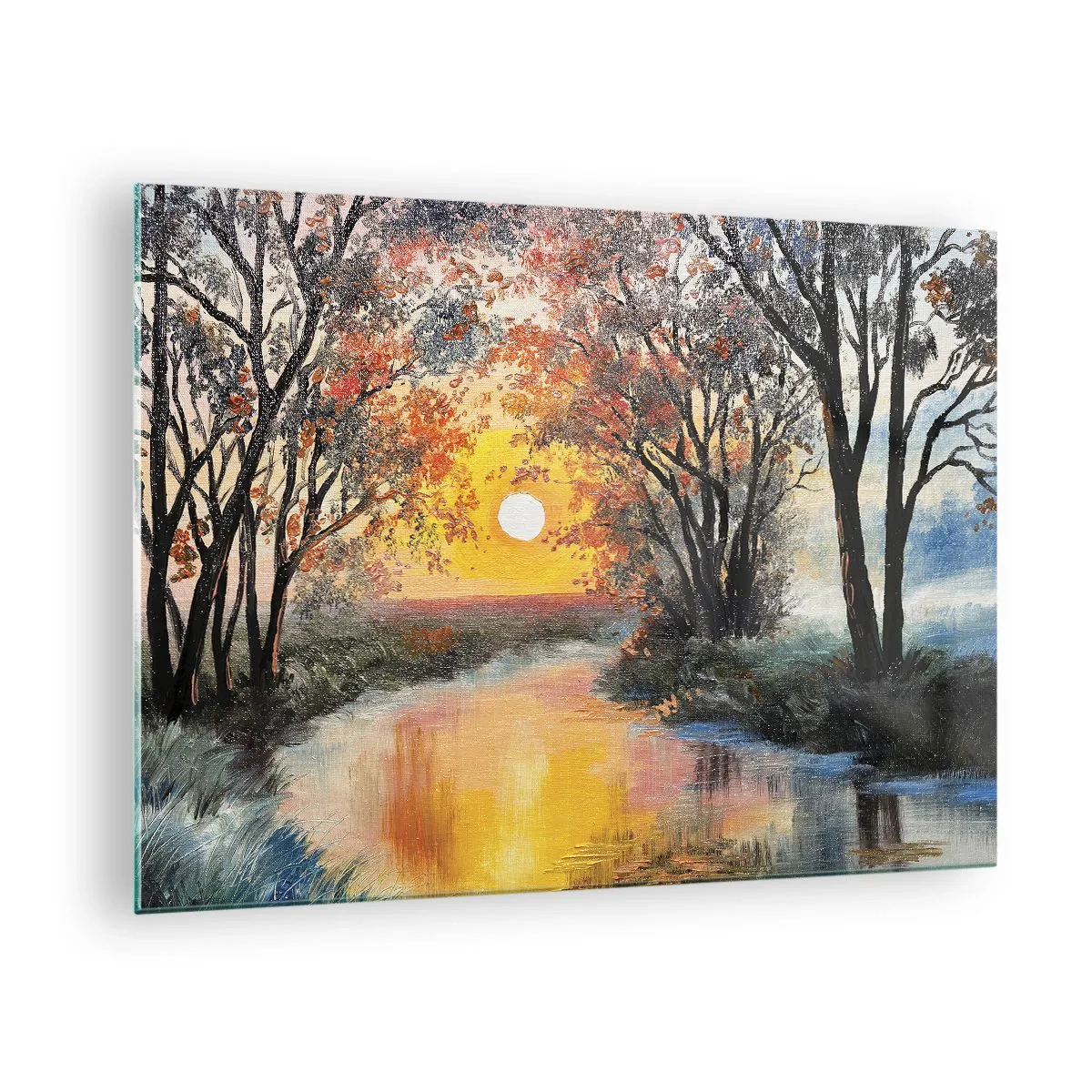 Quadro su vetro - Tramonto sul fiume tra gli alberi - 70x50cm - Atmosfera autunnale - Decorazione murale moderna per soggiorno e camera da letto ARTTOR