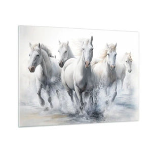 Quadro su vetro - Cavalli bianchi che galoppano nell'acqua in una composizione dinamica - 70x50cm - Magia bianca - Decorazione murale moderna per soggiorno e camera da letto ARTTOR