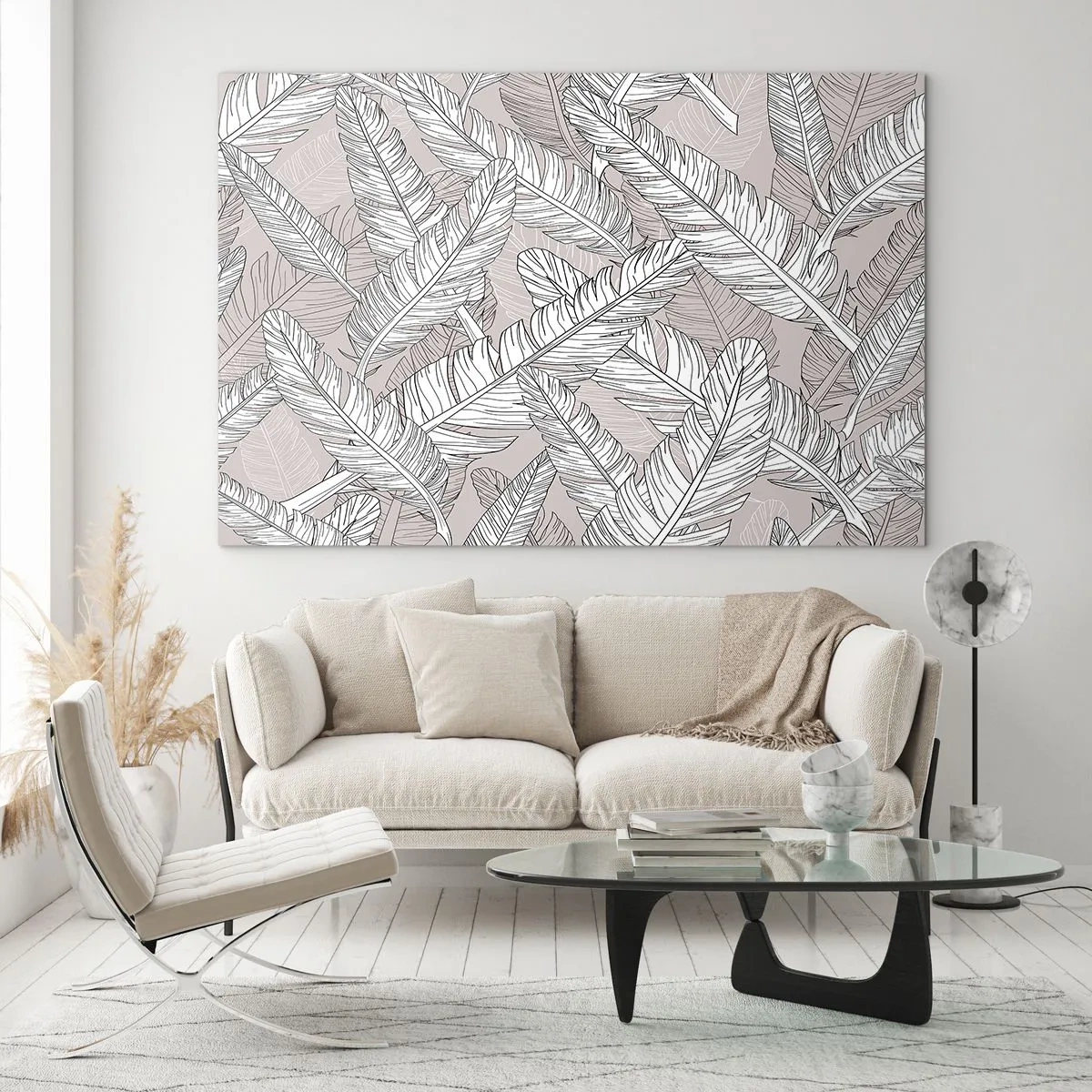 Quadro su vetro - Foglie in bianco e nero su sfondo beige in stile grafico - 70x50cm - Vortice di piume - Decorazione murale moderna per soggiorno e camera da letto ARTTOR