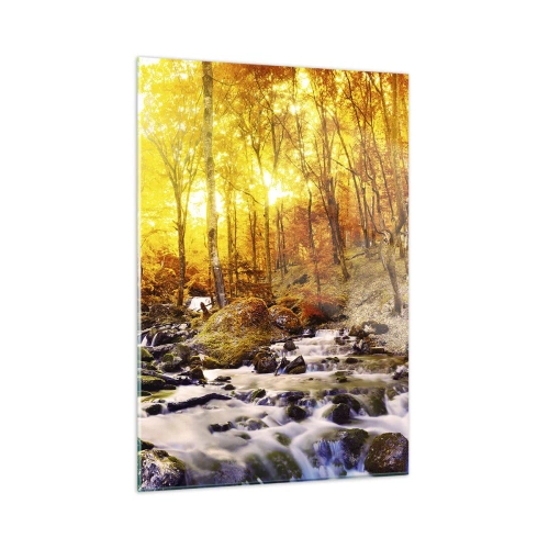 Quadro su vetro - Foresta autunnale con un fiume nei raggi di luce calda - 50x70cm - Pietre incorniciate in oro e platino - Decorazione murale moderna per soggiorno e camera da letto ARTTOR