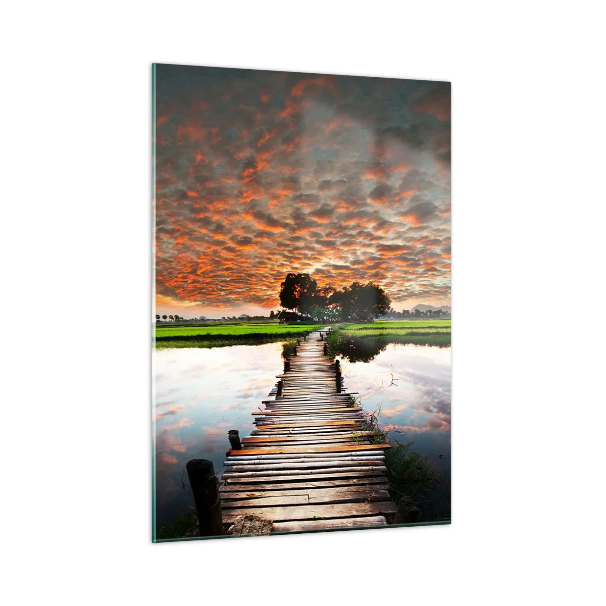 Quadro su vetro - Ponte di legno sul fiume al tramonto - 50x70cm - Allarga le braccia, respira  - Decorazione murale moderna per soggiorno e camera da letto ARTTOR
