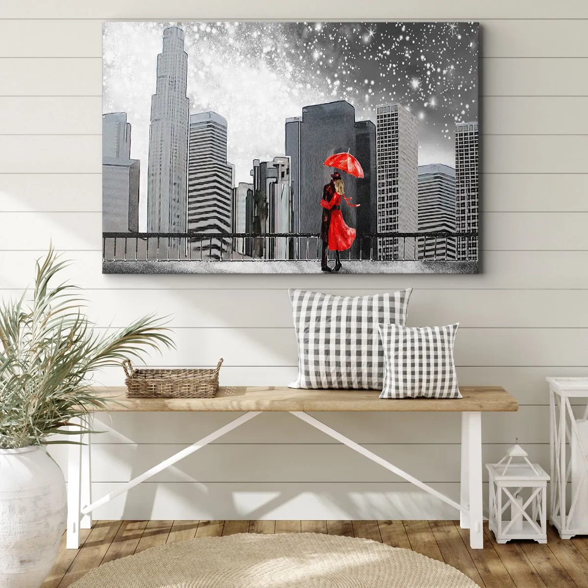 Quadro su tela - Stampe su Tela - Una coppia vestita di rosso con un ombrello sullo sfondo di un paesaggio urbano - 120x80cm - L'uomo non è di pietra - Decorazione murale moderna per soggiorno e camera da letto ARTTOR