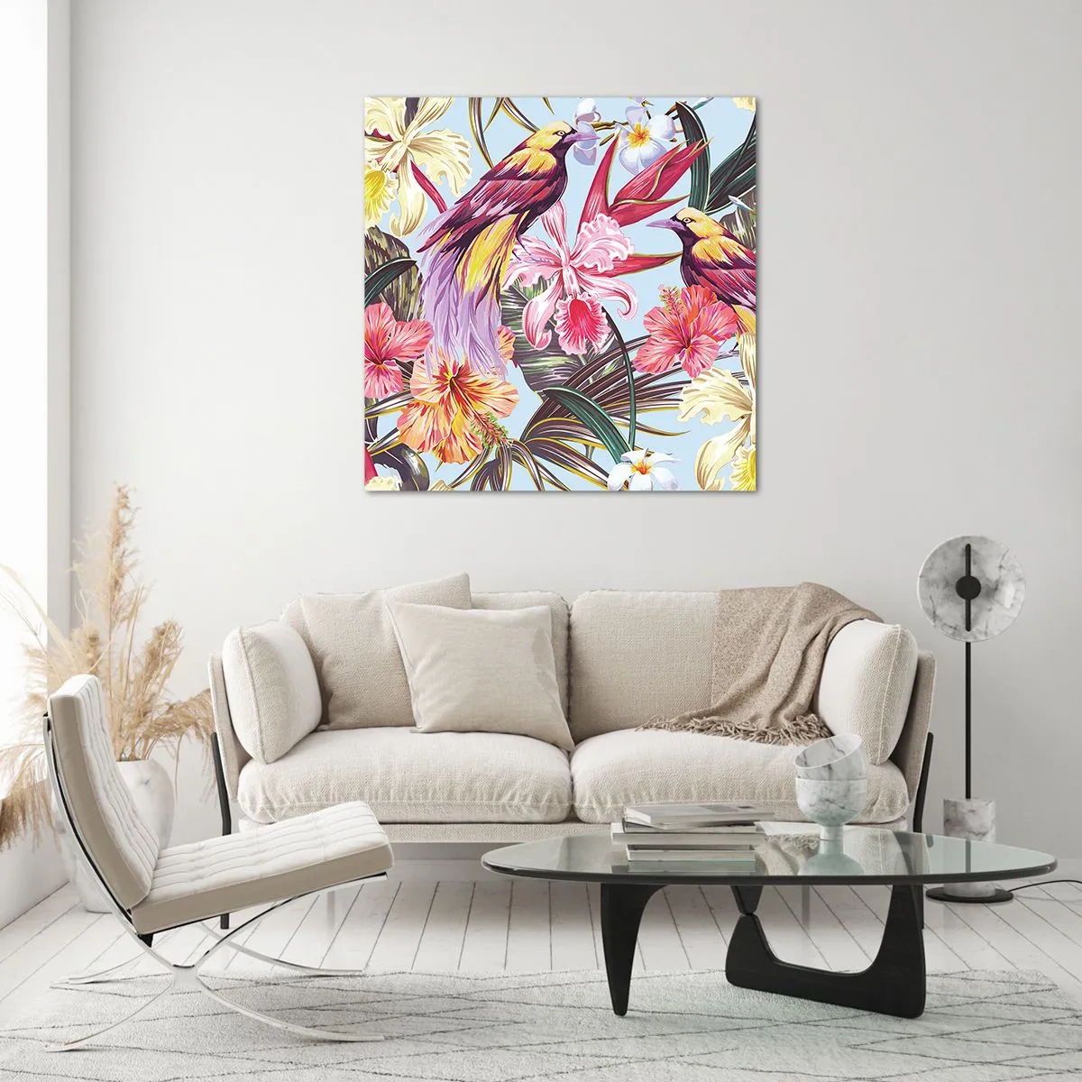 Quadro su vetro - Petali e piume - 50x50 cm