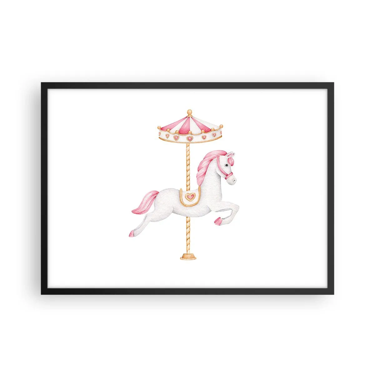 Poster in cornice nera - Un cavallo da giostra nei toni pastello del rosa - 70x50cm - Partito al galoppo. - Decorazione murale moderna per soggiorno e camera da letto ARTTOR