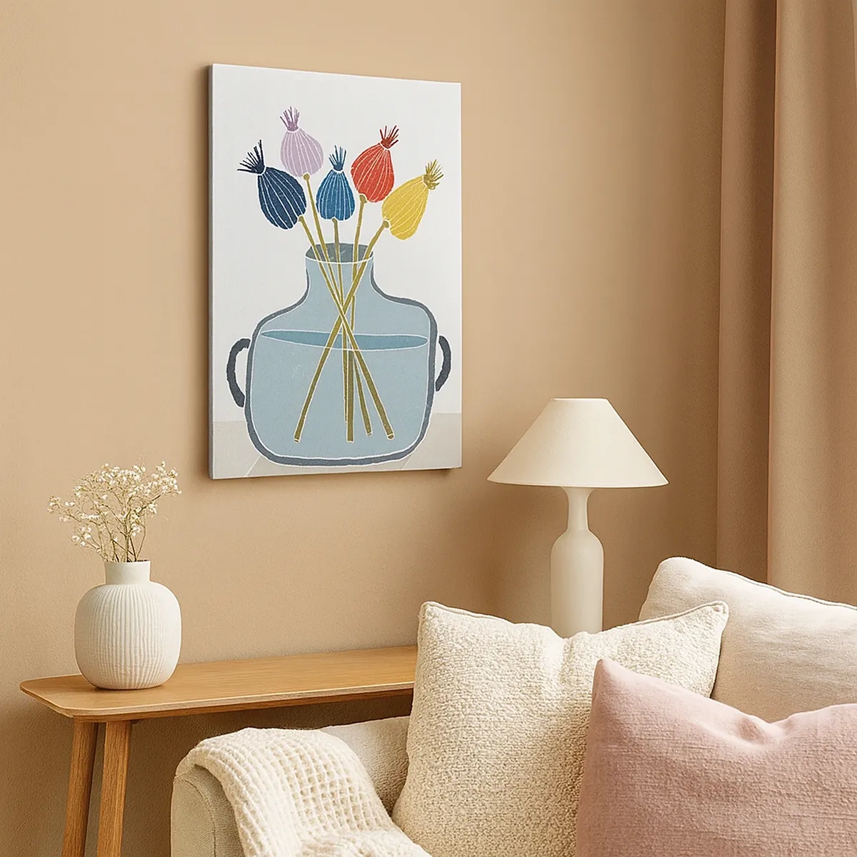 Quadro su tela - Stampe su Tela - Fiori secchi colorati in un vaso su uno sfondo bianco - 50x70cm - Il silenzio dei papaveri - Decorazione murale moderna per soggiorno e camera da letto ARTTOR