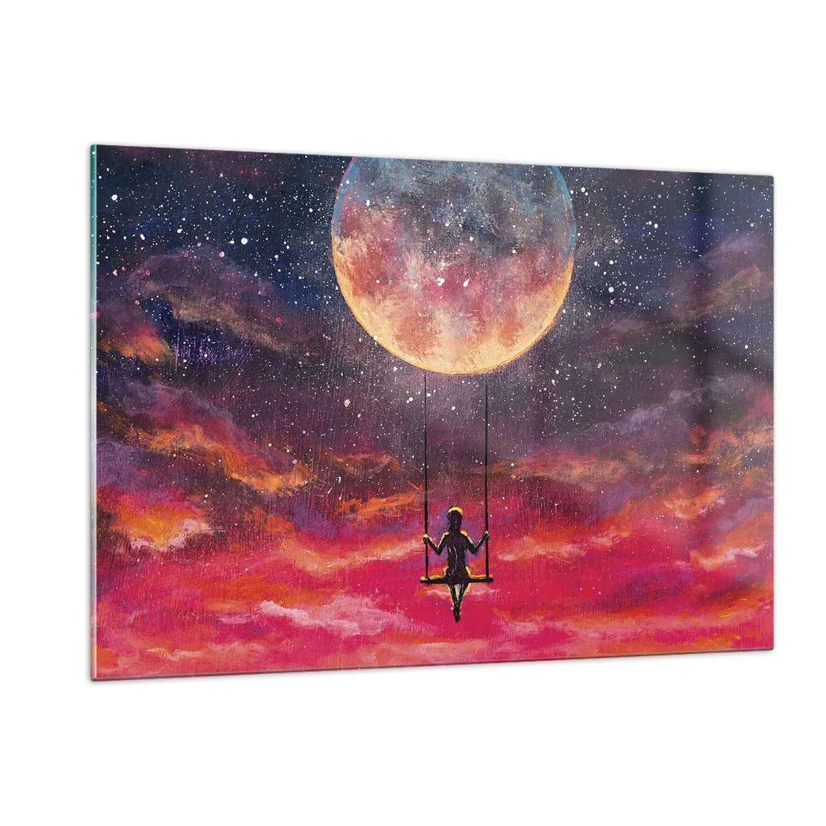 Quadro su vetro - Una ragazza su un'altalena sospesa sotto la luna - 120x80cm - Con la testa tra le nuvole - Decorazione murale moderna per soggiorno e camera da letto ARTTOR