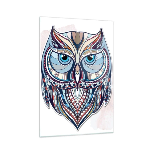 Quadro su vetro - Gufo geometrico nei toni del blu e del beige - 70x100cm - Gufo artistico decorativo - Decorazione murale moderna per soggiorno e camera da letto ARTTOR