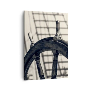 Quadro su tela - Stampe su Tela - Un timone a vela in stile retrò con una nave sullo sfondo - 50x70cm - Racconti del mare - Decorazione murale moderna per soggiorno e camera da letto ARTTOR