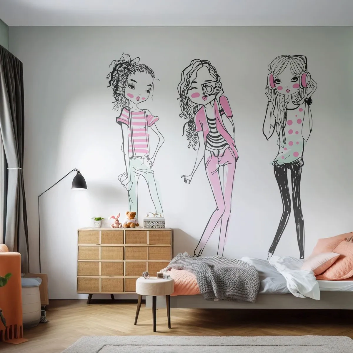 Fotomurali Premium Canvas - Illustrazione di ragazze alla moda in colori pastello - 100x70cm - Arriva la festa - Decorazione murale moderna per soggiorno e camera da letto ARTTOR