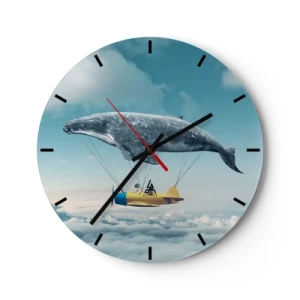 Orologio da parete - Orologio in Vetro - Una balena volante che solleva un aereo sopra le nuvole - 30x30cm - Perché no? - Decorazione murale moderna per soggiorno, cucina e camera da letto ARTTOR