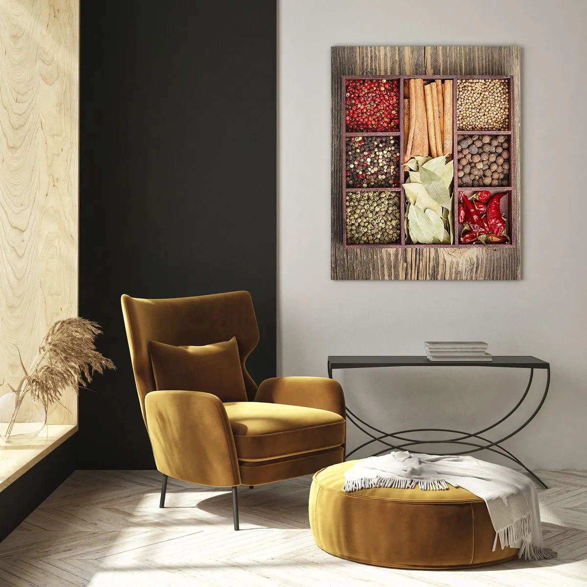 Quadro su vetro - Scatola di legno con varie spezie in scomparti - 80x120cm - Ordine delle forme, bouquet degli aromi - Decorazione murale moderna per soggiorno e camera da letto ARTTOR