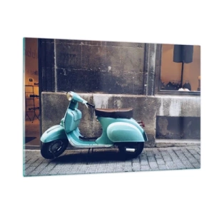 Quadro su vetro - Uno scooter blu contro il muro di un edificio - 120x80cm - Atmosfera indimenticabile - Decorazione murale moderna per soggiorno e camera da letto ARTTOR