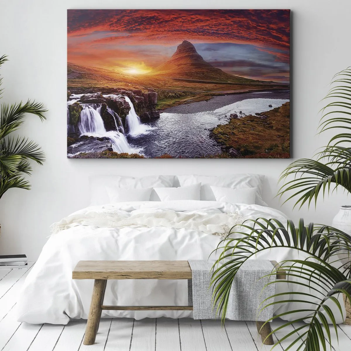Quadro su tela - Stampe su Tela - Paesaggio montano con cascata al tramonto - 120x80cm - Paesaggio della Terra di Mezzo - Decorazione murale moderna per soggiorno e camera da letto ARTTOR