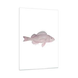 Quadro su vetro - Grafica di un pesce con un grande occhio in stile retrò su sfondo bianco - 50x70cm - Il pesce dagli occhi enormi - Decorazione murale moderna per soggiorno e camera da letto ARTTOR