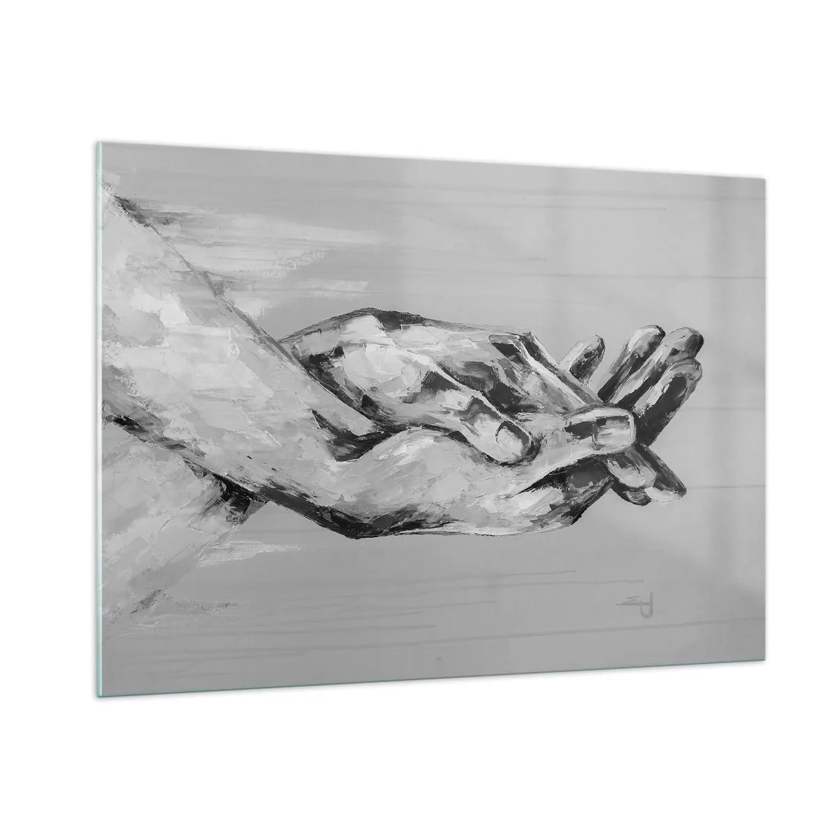 Quadro su vetro - Dipinto in bianco e nero di due mani che si cercano - 100x70cm - Inizio... - Decorazione murale moderna per soggiorno e camera da letto ARTTOR