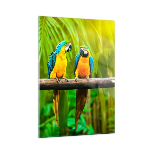 Quadro su vetro - Tre pappagalli ara su un ramo in una foresta tropicale - 50x70cm - Hai sentito che ha fatto? - Decorazione murale moderna per soggiorno e camera da letto ARTTOR