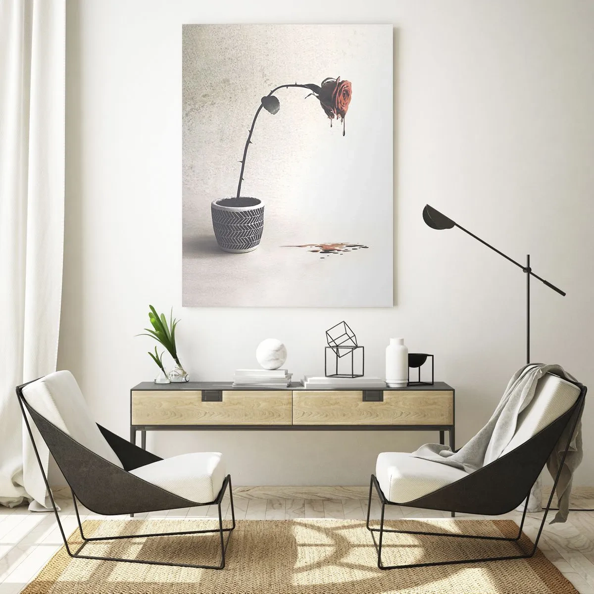 Quadro su vetro - Una rosa simbolica in un vaso con vernice gocciolante - 50x70cm - Rosa dolorosa - Decorazione murale moderna per soggiorno e camera da letto ARTTOR