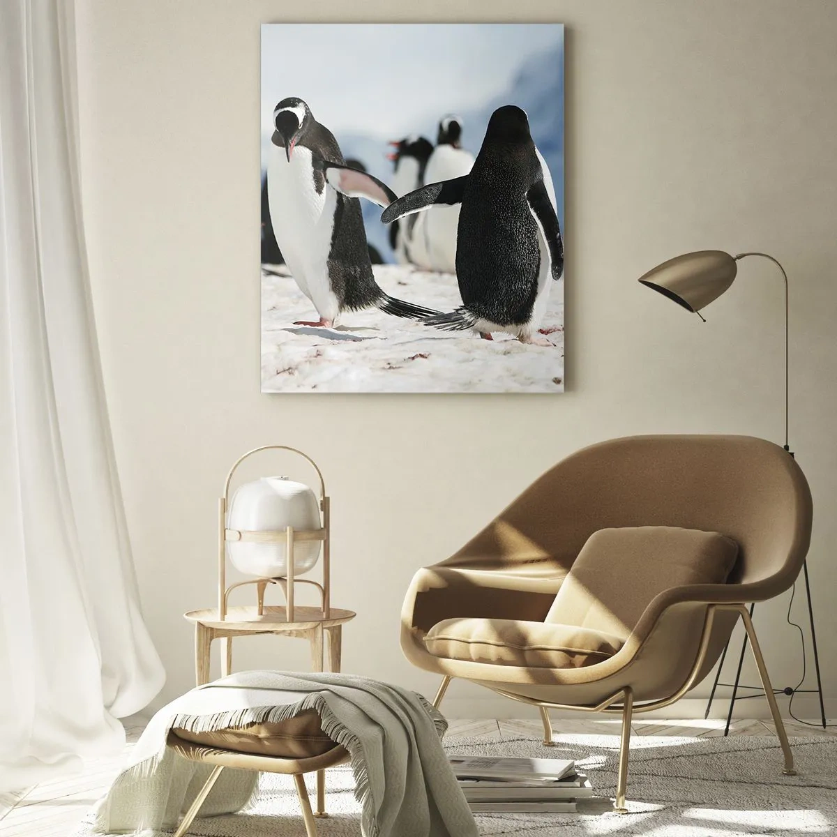 Quadro su vetro - Un gruppo di pinguini nella neve in un paesaggio antartico - 70x100cm - Danza sulla neve - Decorazione murale moderna per soggiorno e camera da letto ARTTOR