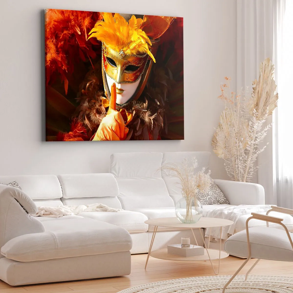 Quadro su tela - Stampe su Tela - Maschera di Carnevale nei toni dell'oro e dell'arancione - 100x70cm - Il mistero è parte del gioco - Decorazione murale moderna per soggiorno e camera da letto ARTTOR