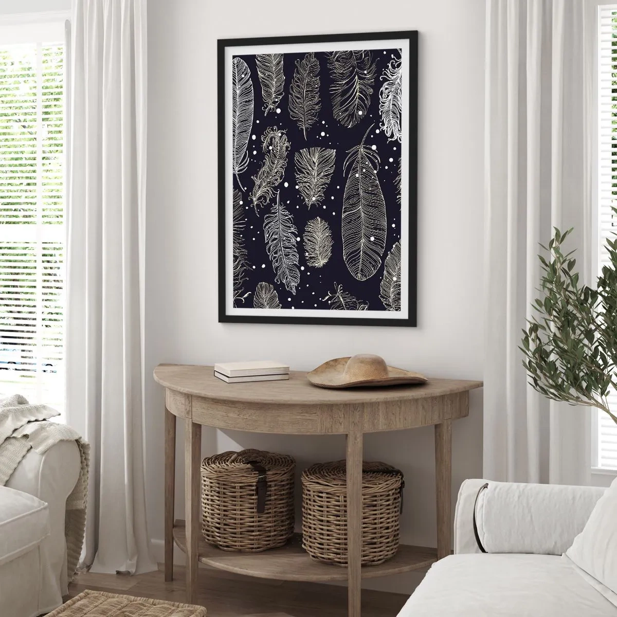Poster in cornice nera - Piume bianche su sfondo nero in una disposizione elegante - 50x70cm - Pizzo piumato - Decorazione murale moderna per soggiorno e camera da letto ARTTOR