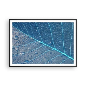 Poster in cornice nera - Una foglia nei toni del blu con gocce d'acqua - 100x70cm - Vita nel blu - Decorazione murale moderna per soggiorno e camera da letto ARTTOR