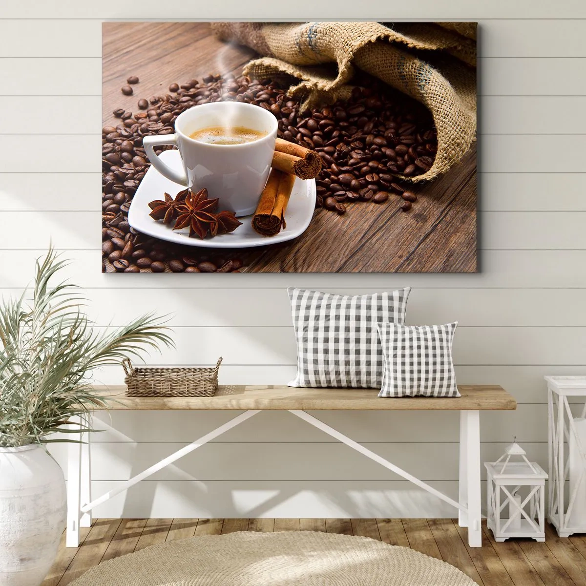 Quadro su tela - Stampe su Tela - Una tazza di caffè con cannella e anice su uno sfondo di chicchi di caffè - 120x80cm - Sapore e profumo speziato - Decorazione murale moderna per soggiorno e camera da letto ARTTOR