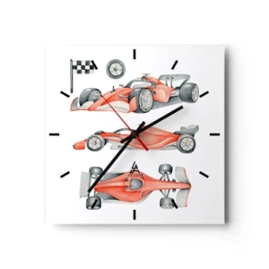 Orologio da parete - Orologio in Vetro - Un'auto da corsa rossa con una bandiera a scacchi - 30x30cm - Inseguendo i sogni - Decorazione murale moderna per soggiorno e camera da letto ARTTOR