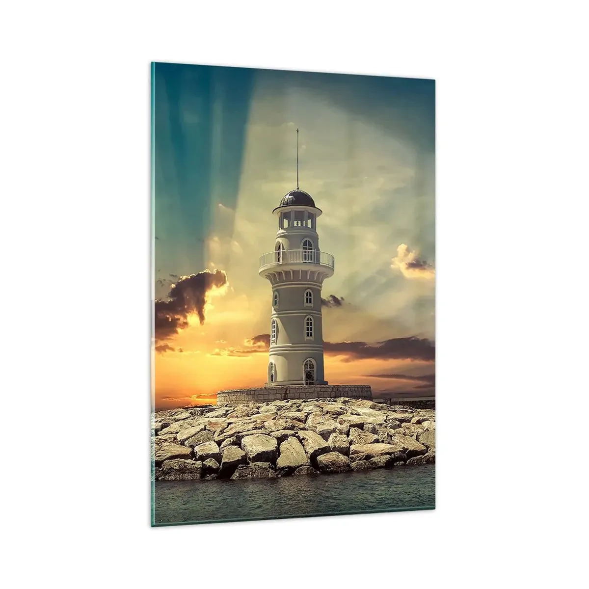 Quadro su vetro - Un faro al tramonto contro il cielo - 80x120cm - Luce - Bontà - Bellezza - Decorazione murale moderna per soggiorno e camera da letto ARTTOR
