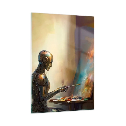 Quadro su vetro - Un robot che dipinge un quadro su un cavalletto - 50x70cm - L'arte del futuro - Decorazione murale moderna per soggiorno e camera da letto ARTTOR
