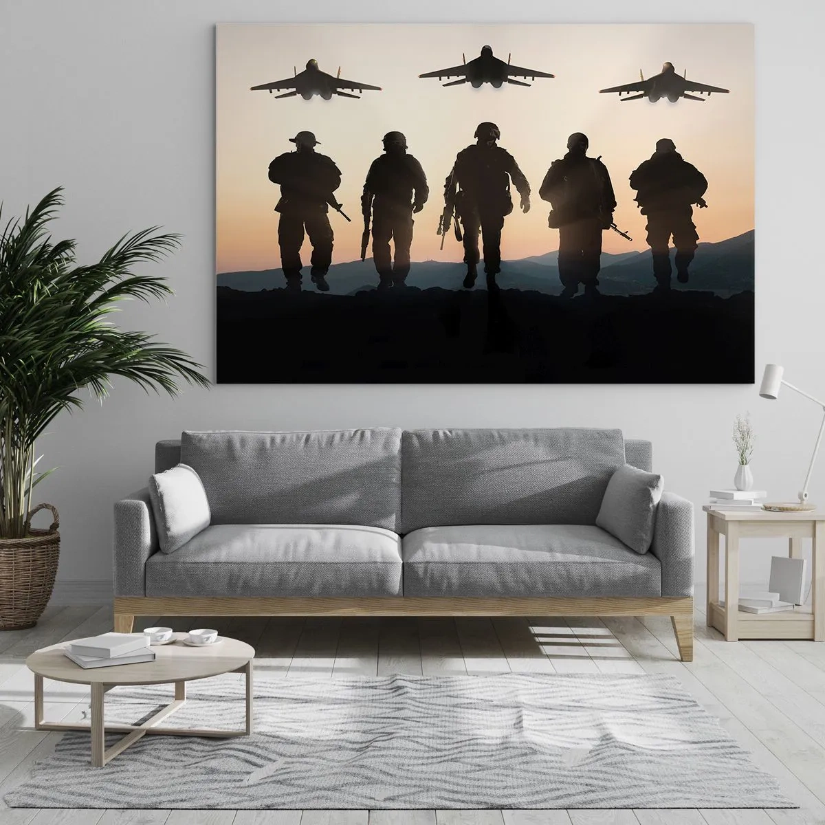 Quadro su vetro - Soldati sullo sfondo del sole al tramonto e dei jet - 100x70cm - Benvenuto nel nostro mondo - Decorazione murale moderna per soggiorno e camera da letto ARTTOR