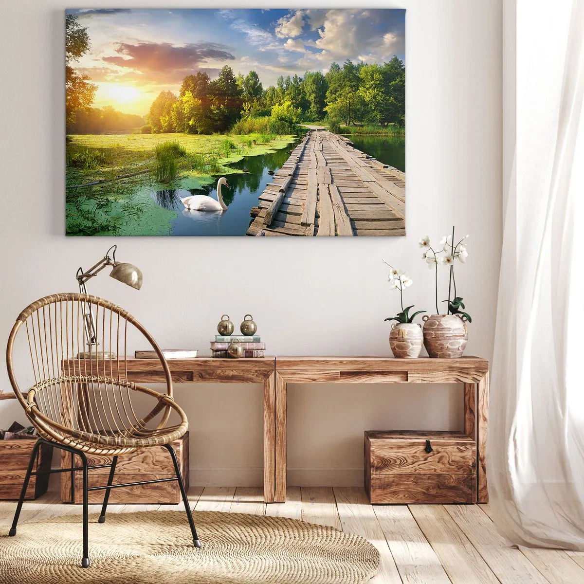 Quadro su tela - Stampe su Tela - Un paesaggio pittoresco con un ponte e un cigno - 120x80cm - Estate, estate ovunque - Decorazione murale moderna per soggiorno e camera da letto ARTTOR