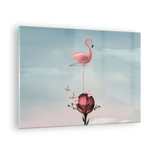 Quadro su vetro - Un fenicottero rosa in piedi su una palla decorativa con fiori e farfalle. - 70x50cm - Allegoria della palla da basket - Decorazione murale moderna per soggiorno e camera da letto ARTTOR