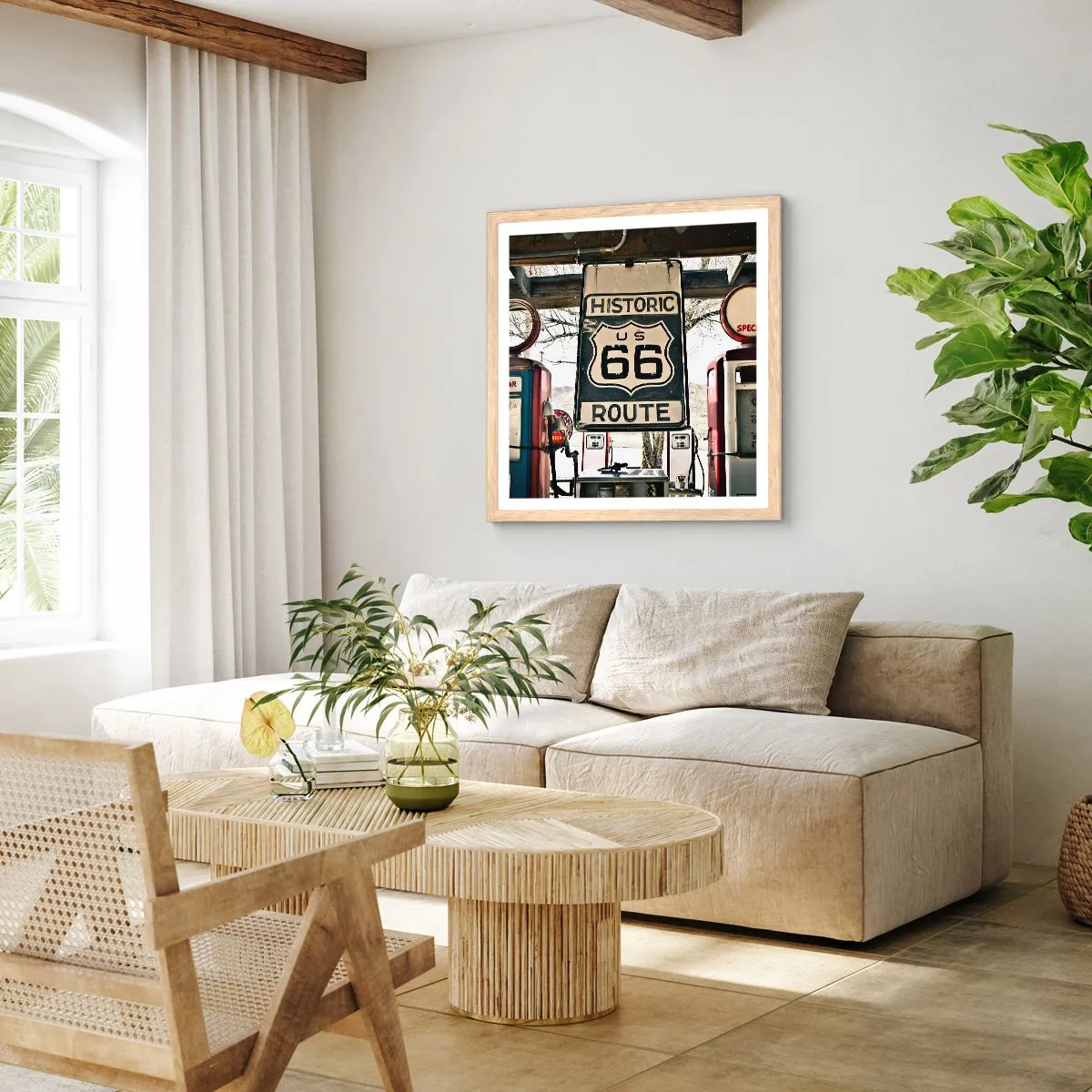 Poster in cornice rovere chiaro - Viaggio retro americano - 60x60 cm