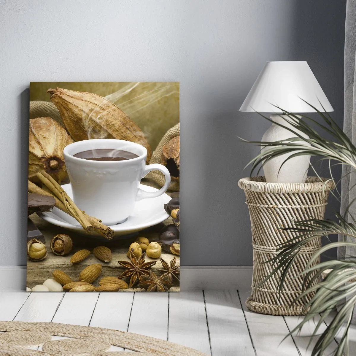 Quadro su tela - Stampe su Tela - Una tazza di cioccolata calda circondata da cacao e cannella - 80x120cm - Per i cercatori di emozioni - Decorazione murale moderna per soggiorno e camera da letto ARTTOR