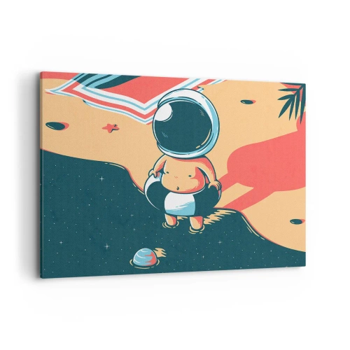 Quadro su tela - Stampe su Tela - Divertente astronauta sulla spiaggia con elementi spaziali sullo sfondo - 100x70cm - Da un'altra prospettiva - Decorazione murale moderna per soggiorno e camera da letto ARTTOR