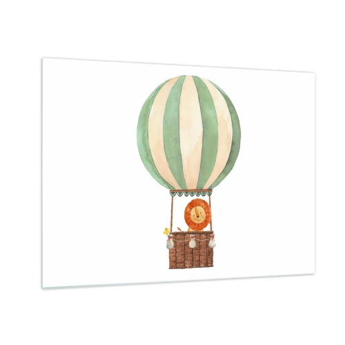 Quadro su vetro - Un leone in un cesto di palloncini che galleggia su uno sfondo bianco - 70x50cm - I viaggi del leone - Decorazione murale moderna per soggiorno e camera da letto ARTTOR