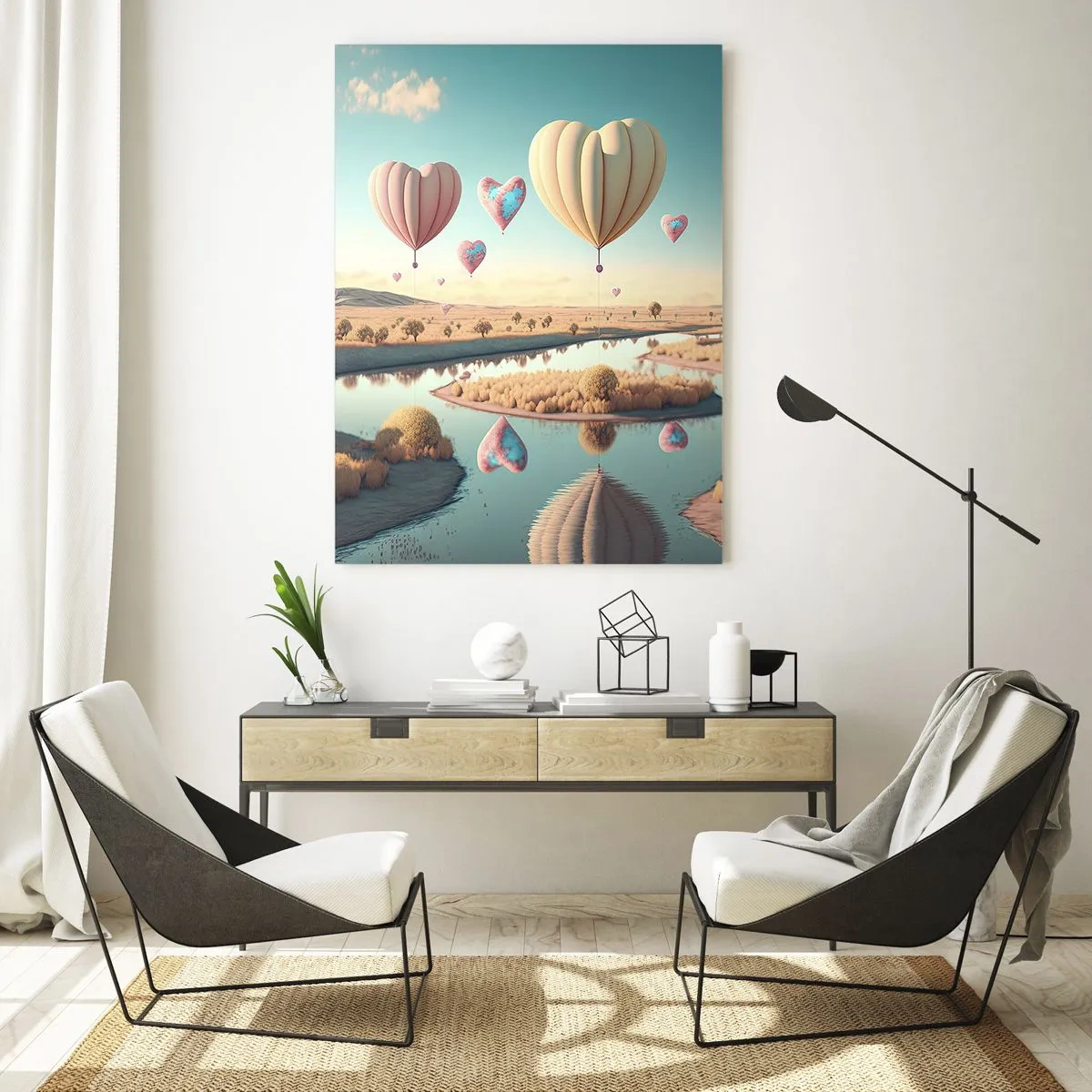 Quadro su vetro - Palloncini a forma di cuore sopra un paesaggio da favola con un fiume - 50x70cm - L'amore permette di volare - Decorazione murale moderna per soggiorno e camera da letto ARTTOR
