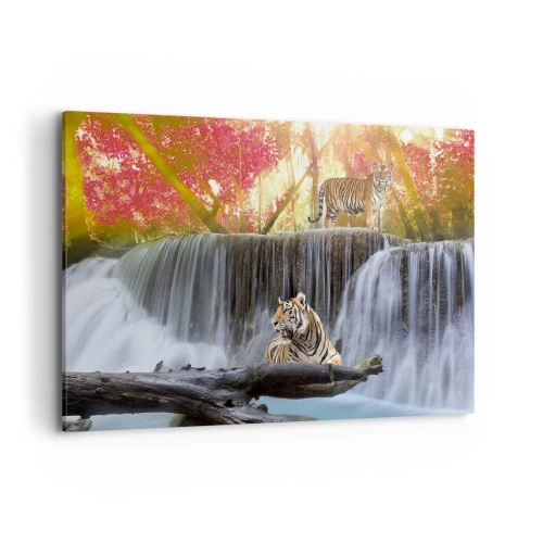 Quadro su tela - Stampe su Tela - Tigri presso una cascata nella foresta autunnale - 120x80cm - Paesaggio surreale - Decorazione murale moderna per soggiorno e camera da letto ARTTOR