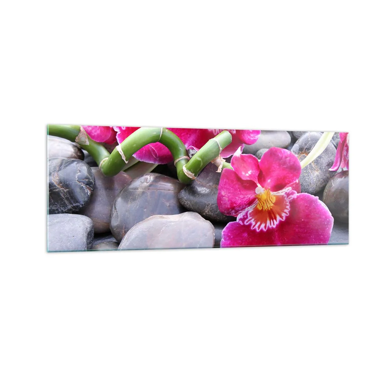 Quadro su vetro - Orchidee rosa su uno sfondo di pietre lisce - 140x50cm - Fresco e calore - Decorazione murale moderna per soggiorno e camera da letto ARTTOR