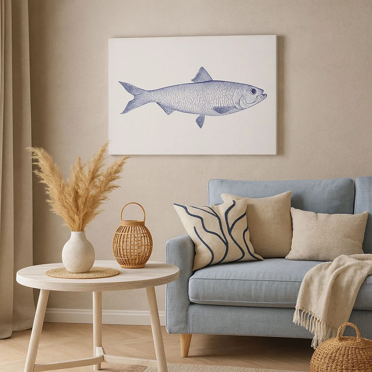 Quadro su tela - Stampe su Tela - Illustrazione di un pesce nei toni del blu su uno sfondo chiaro - 70x50cm - Un saluto dai mari del nord - Decorazione murale moderna per soggiorno e camera da letto ARTTOR