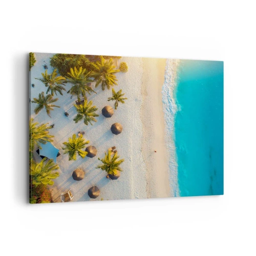 Quadro su tela - Stampe su Tela - Vista di una spiaggia tropicale con palme e mare turchese - 100x70cm - Benvenuti in paradiso - Decorazione murale moderna per soggiorno e camera da letto ARTTOR