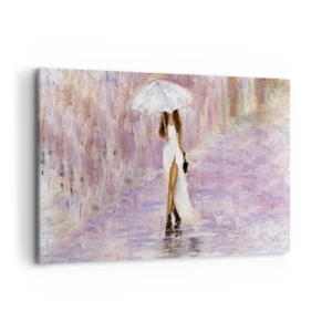 Quadro su tela - Stampe su Tela - Una donna con un ombrello che cammina sotto la pioggia nei toni del lilla - 120x80cm - Nella pioggia lilla - Decorazione murale moderna per soggiorno e camera da letto ARTTOR