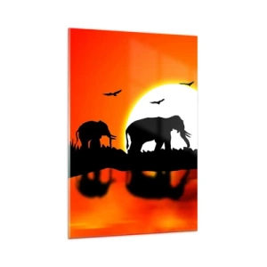 Quadro su vetro - Sagome di elefanti al tramonto sull'acqua con riflesso - 80x120cm - Un piccolo drink la sera - Decorazione murale moderna per soggiorno e camera da letto ARTTOR