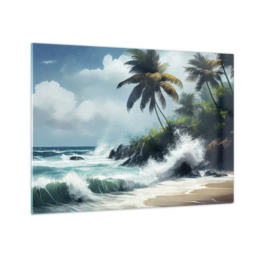 Quadro su vetro - Onde che si infrangono contro le rocce vicino alle palme su una spiaggia tropicale - 70x50cm - Sulla riva tropicale - Decorazione murale moderna per soggiorno e camera da letto ARTTOR