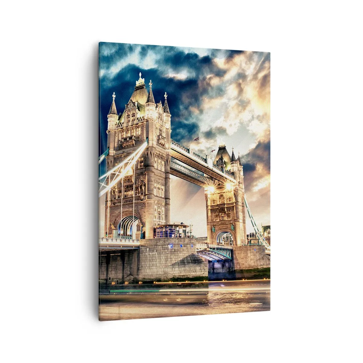 Quadro su tela - Stampe su Tela - Tower Bridge al tramonto contro un cielo dinamico - 70x100cm - Il monumento dell'impero britannico - Decorazione murale moderna per soggiorno e camera da letto ARTTOR