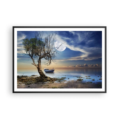 Poster in cornice nera - Un albero solitario e una barca su acque calme sotto la luna piena. - 100x70cm - È la fine o l'inizio? - Decorazione murale moderna per soggiorno e camera da letto ARTTOR