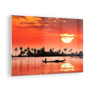 Quadro su vetro - Tramonto sul fiume con palme e una barca - 70x50cm - La calma dei tropici al tramonto - Decorazione murale moderna per soggiorno e camera da letto ARTTOR