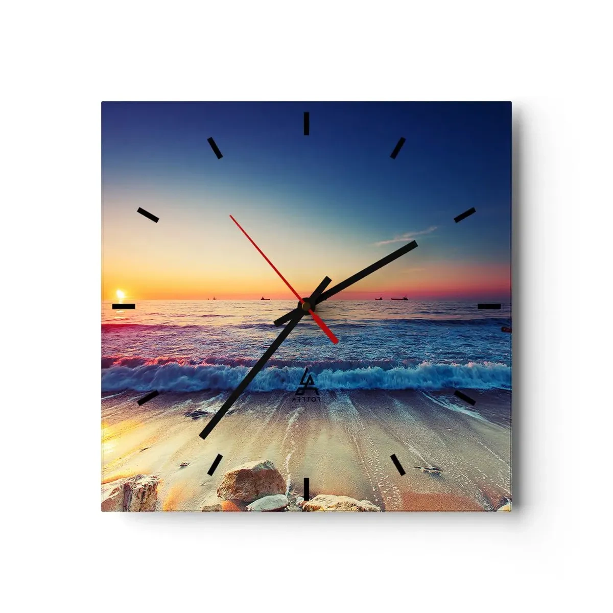 Orologio da parete - Orologio in Vetro - Tramonto su un mare calmo con onde - 30x30cm - Cosa c'è dietro l'orizzonte? - Decorazione murale moderna per soggiorno e camera da letto ARTTOR