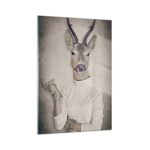 Quadro su vetro - Tre figure di animali in abiti umani su uno sfondo neutro - 50x70cm - Facciamo parlare i gesti - Decorazione murale moderna per soggiorno e camera da letto ARTTOR